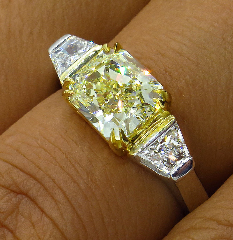 Estate "Canary" GIA 2.83ct Natural Fancy Yellow RADIANT 3 Stone Diamond Engagement Platinum Ring | Treasurly by Dima - Exquisite Diamonds and Fine Quality Antique, Vintage, and Estate Jewelry