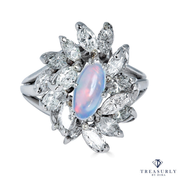 Estate Vintage 3.47ct Australian Opal and Diamond Cluster Cocktail Ballerina Platinum Ring | Treasurly by Dima - Exquisite Diamonds and Fine Quality Antique, Vintage, and Estate Jewelry
