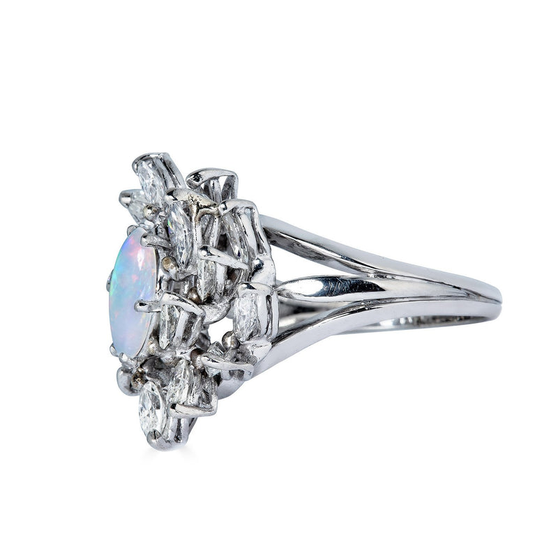 Estate Vintage 3.47ct Australian Opal and Diamond Cluster Cocktail Ballerina Platinum Ring | Treasurly by Dima - Exquisite Diamonds and Fine Quality Antique, Vintage, and Estate Jewelry
