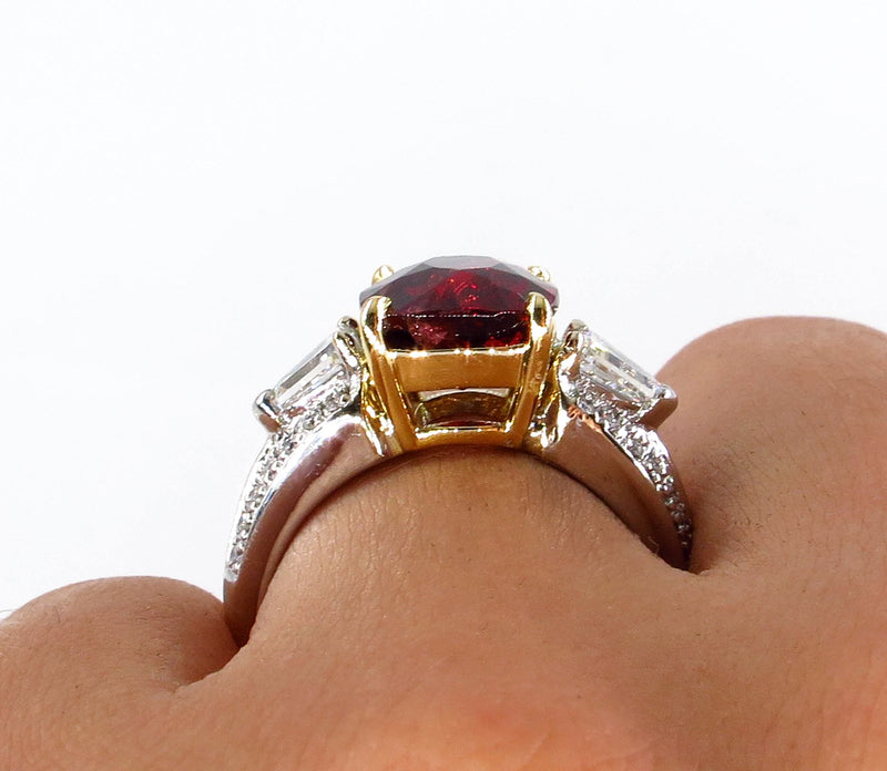 Estate Vintage GIA 4.75ct Natural Deep RED Garnet Cushion 3 Stone Diamond 18k Ring | Treasurly by Dima - Exquisite Diamonds and Fine Quality Antique, Vintage, and Estate Jewelry