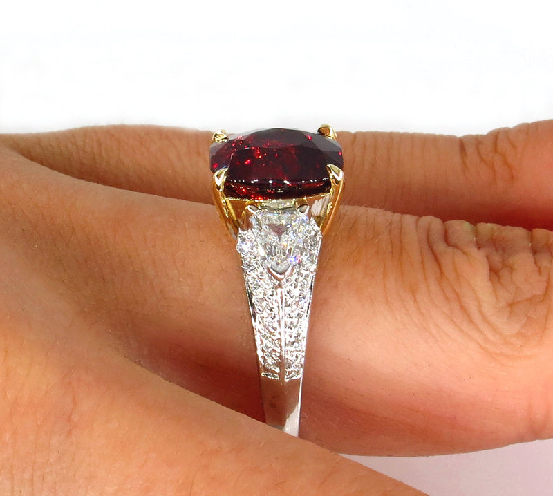 Estate Vintage GIA 4.75ct Natural Deep RED Garnet Cushion 3 Stone Diamond 18k Ring | Treasurly by Dima - Exquisite Diamonds and Fine Quality Antique, Vintage, and Estate Jewelry