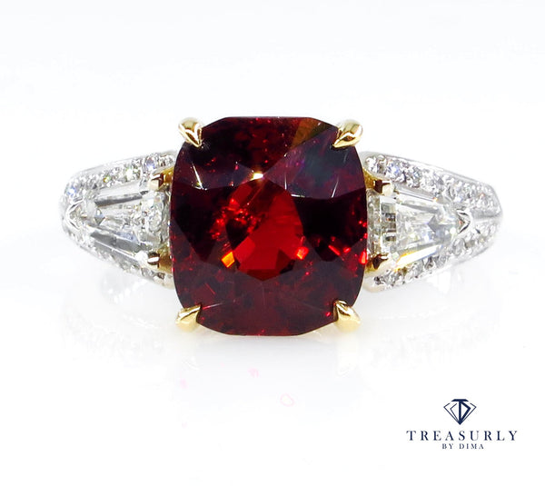 Estate Vintage GIA 4.75ct Natural Deep RED Garnet Cushion 3 Stone Diamond 18k Ring | Treasurly by Dima - Exquisite Diamonds and Fine Quality Antique, Vintage, and Estate Jewelry