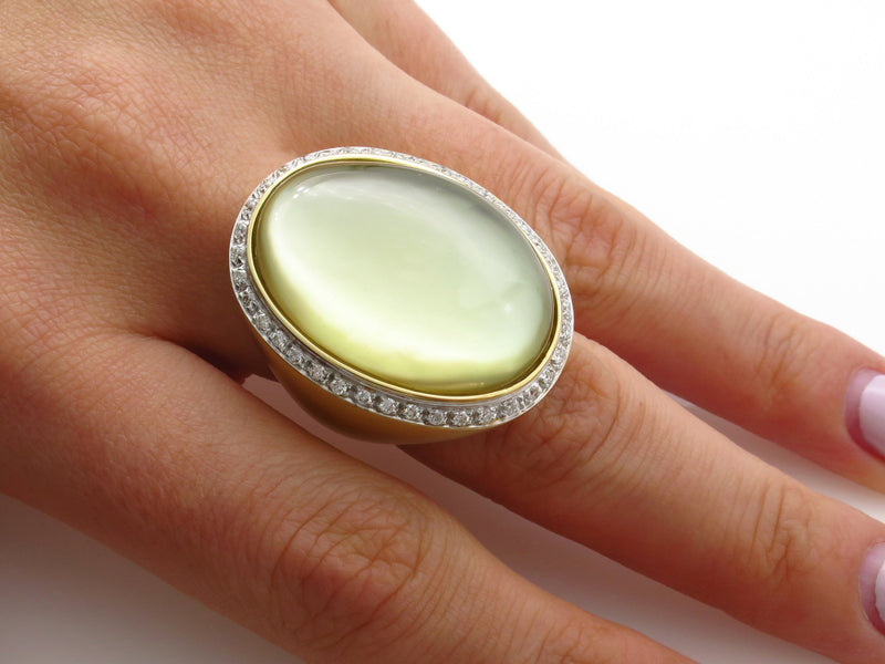 Fashion Cabochon Lemon Quartz Mother-of-Pearl Diamond 18K Yellow Gold Estate Ring | Treasurly by Dima - Exquisite Diamonds and Fine Quality Antique, Vintage, and Estate Jewelry