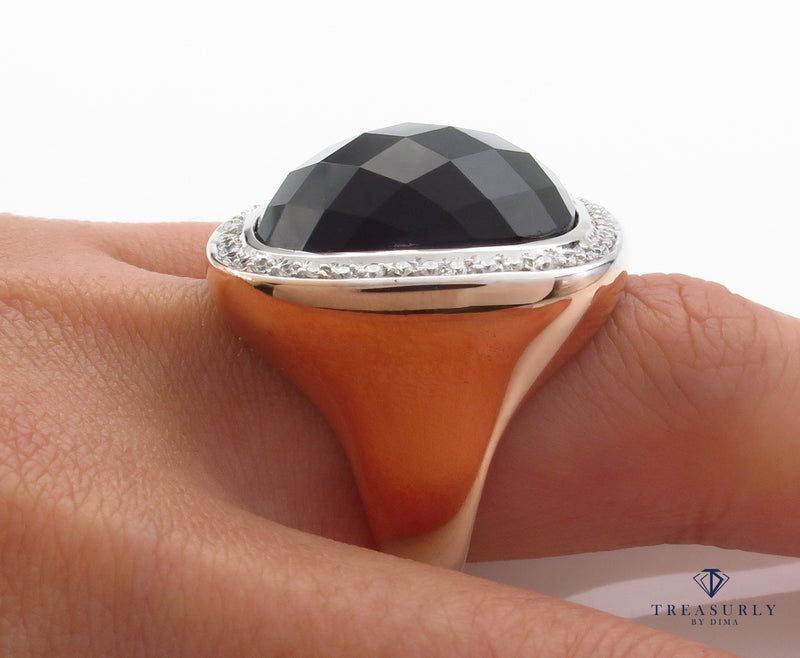 Fashion French cut Black Onyx and Diamond 18K Rose Gold Estate Ring | Treasurly by Dima - Exquisite Diamonds and Fine Quality Antique, Vintage, and Estate Jewelry