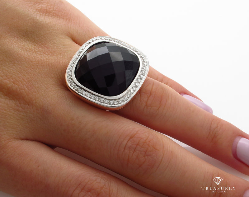 Fashion French cut Black Onyx and Diamond 18K Rose Gold Estate Ring | Treasurly by Dima - Exquisite Diamonds and Fine Quality Antique, Vintage, and Estate Jewelry