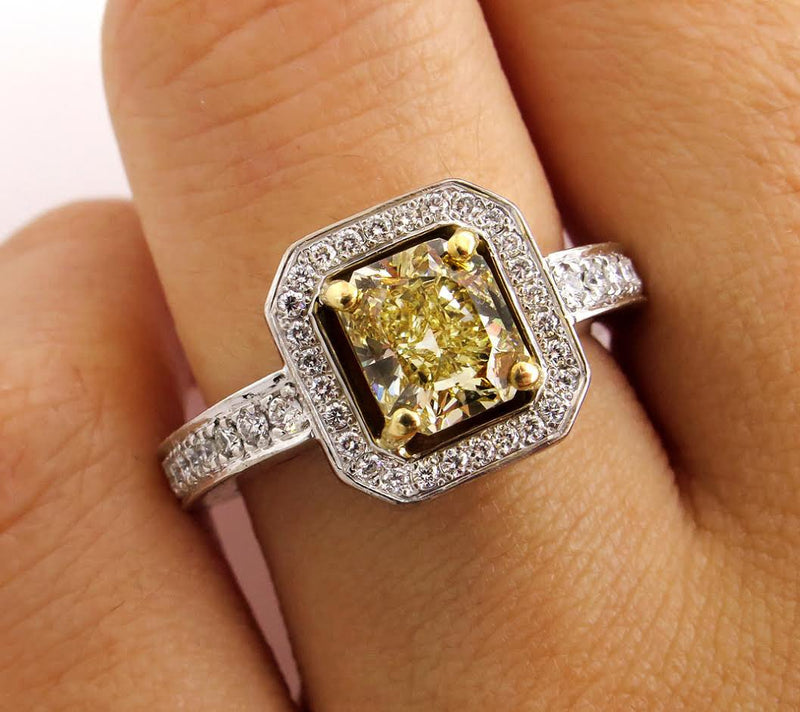 Fine GIA 2.0ctw Estate Vintage Natural Fancy Yellow Radiant Diamond Engagement Wedding 18K Ring | Treasurly by Dima - Exquisite Diamonds and Fine Quality Antique, Vintage, and Estate Jewelry