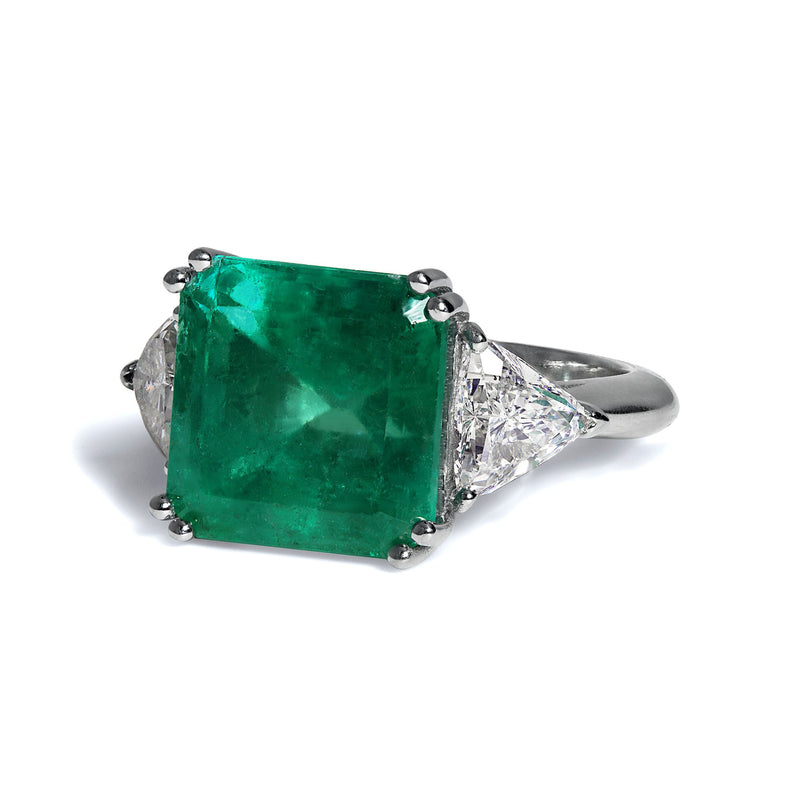 GIA 10.64ct Columbian Green Square Emerald and Diamond 3 stone Ring | Treasurly by Dima - Exquisite Diamonds and Fine Quality Antique, Vintage, and Estate Jewelry