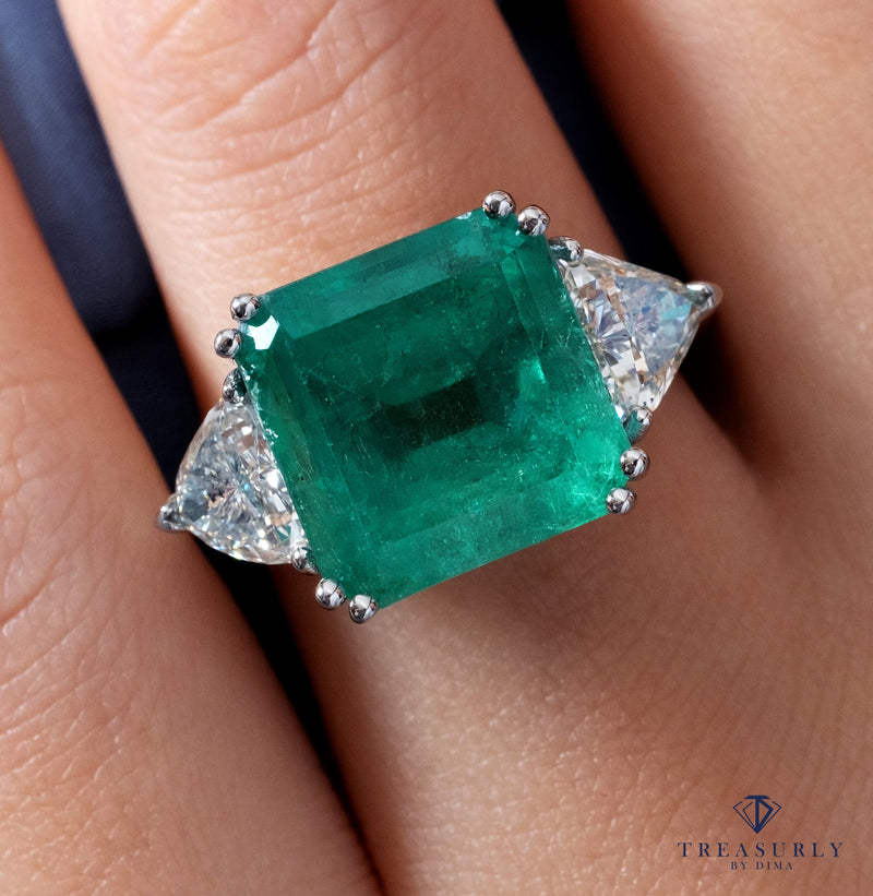GIA 10.64ct Columbian Green Square Emerald and Diamond 3 stone Ring | Treasurly by Dima - Exquisite Diamonds and Fine Quality Antique, Vintage, and Estate Jewelry