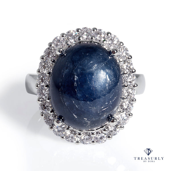 GIA 15.27ct Vintage Estate Blue Cabochon Sapphire Diamonds Cluster Dinner Ring | Treasurly by Dima - Exquisite Diamonds and Fine Quality Antique, Vintage, and Estate Jewelry