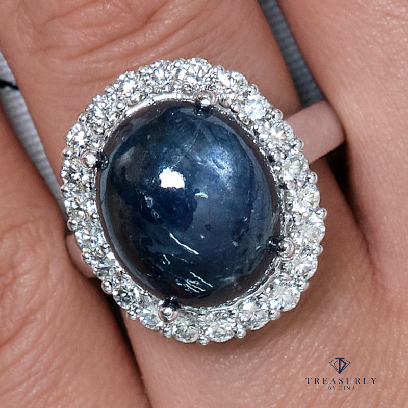 GIA 15.27ct Vintage Estate Blue Cabochon Sapphire Diamonds Cluster Dinner Ring | Treasurly by Dima - Exquisite Diamonds and Fine Quality Antique, Vintage, and Estate Jewelry