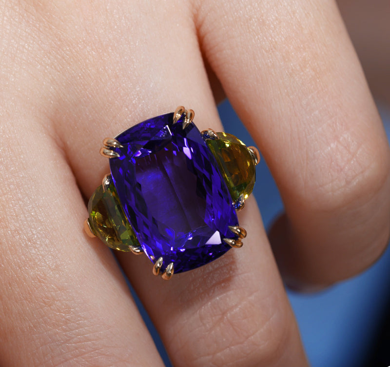 GIA 17.23ct Deep Blue Violet Cushion TANZANITE Peridot and Diamond Trilogy Ring | Treasurly by Dima - Exquisite Diamonds and Fine Quality Antique, Vintage, and Estate Jewelry