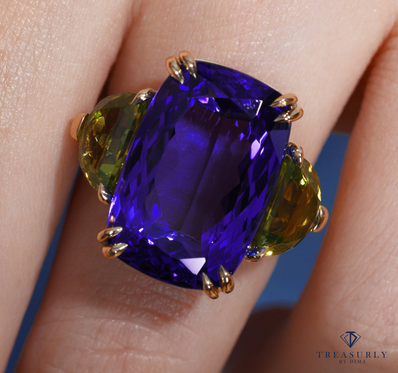 GIA 17.23ct Deep Blue Violet Cushion TANZANITE Peridot and Diamond Trilogy Ring | Treasurly by Dima - Exquisite Diamonds and Fine Quality Antique, Vintage, and Estate Jewelry