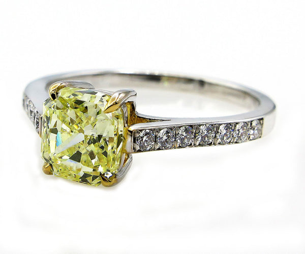 GIA 2.0ctw Estate Natural Fancy Yellow RADIANT Cut Diamond Solitaire Engagement Platinum Ring | Treasurly by Dima - Exquisite Diamonds and Fine Quality Antique, Vintage, and Estate Jewelry