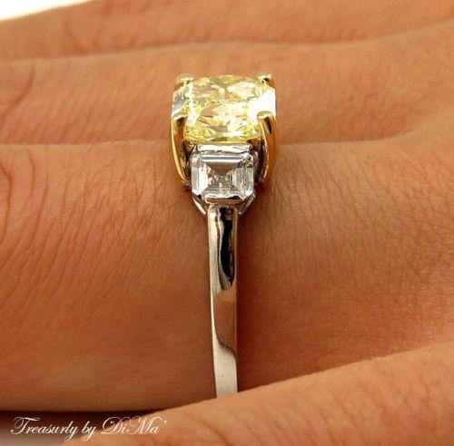 GIA 2.52CT ESTATE FANCY YELLOW RADIANT DIAMOND ENGAGEMENT WEDDING RING 3 STONE | Treasurly by Dima - Exquisite Diamonds and Fine Quality Antique, Vintage, and Estate Jewelry