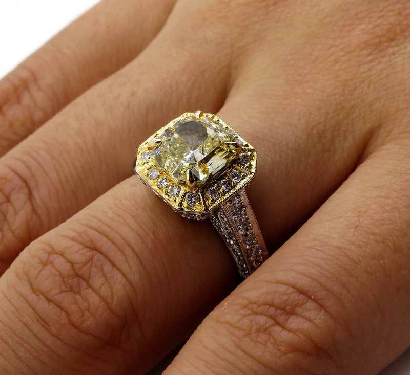 GIA 2.74ctw Estate Vintage Natural Fancy Yellow Radiant Diamond Engagement Wedding Ring | Treasurly by Dima - Exquisite Diamonds and Fine Quality Antique, Vintage, and Estate Jewelry