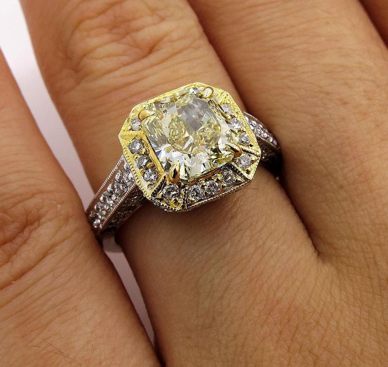 GIA 2.74ctw Estate Vintage Natural Fancy Yellow Radiant Diamond Engagement Wedding Ring | Treasurly by Dima - Exquisite Diamonds and Fine Quality Antique, Vintage, and Estate Jewelry