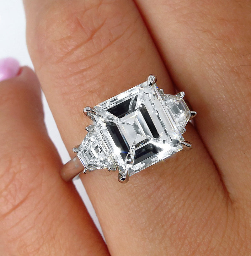 GIA 3.78ct Emerald Cut Diamond 3 Stone Engagement Wedding Platinum Ring | Treasurly by Dima - Exquisite Diamonds and Fine Quality Antique, Vintage, and Estate Jewelry