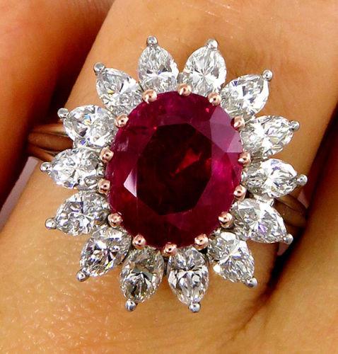 GIA 4.43CT VINTAGE BURMA NO HEAT RED RUBY DIAMOND ENGAGEMENT CLUSTER RING PLAT | Treasurly by Dima - Exquisite Diamonds and Fine Quality Antique, Vintage, and Estate Jewelry