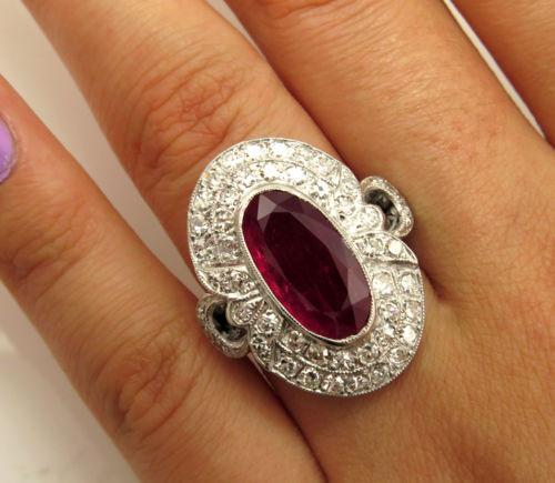 GIA 4.70CT ANTIQUE VINTAGE RED RUBY DIAMOND ENGAGEMENT WEDDING CLUSTER RING 18KW | Treasurly by Dima - Exquisite Diamonds and Fine Quality Antique, Vintage, and Estate Jewelry