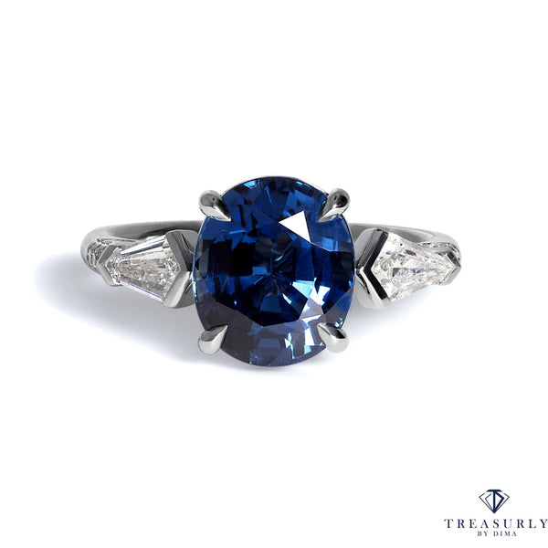 GIA 5.04ctw Natural NO-HEAT Blue Sapphire and Diamond Platinum 3 Stone Ring | Treasurly by Dima - Exquisite Diamonds and Fine Quality Antique, Vintage, and Estate Jewelry