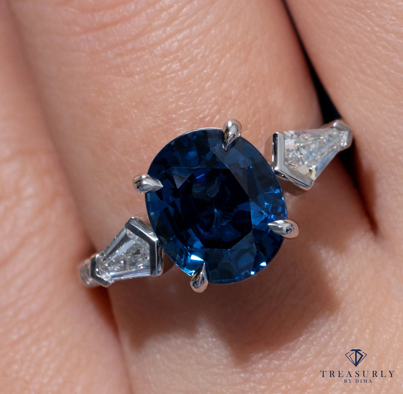 GIA 5.04ctw Natural NO-HEAT Blue Sapphire and Diamond Platinum 3 Stone Ring | Treasurly by Dima - Exquisite Diamonds and Fine Quality Antique, Vintage, and Estate Jewelry