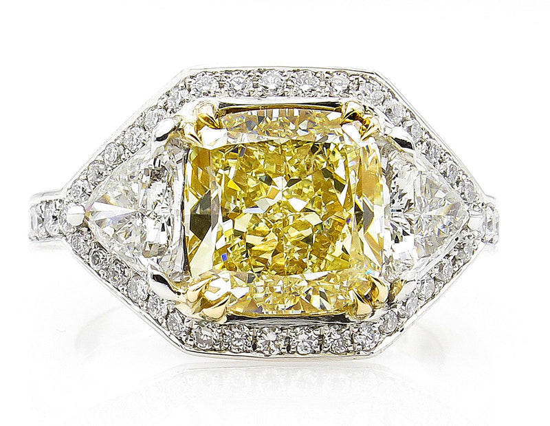 GIA 5.10ct Estate Vintage Fancy Yellow Cushion Diamond 3 Stone Engagement ring in Platinum/18k YG | Treasurly by Dima - Exquisite Diamonds and Fine Quality Antique, Vintage, and Estate Jewelry