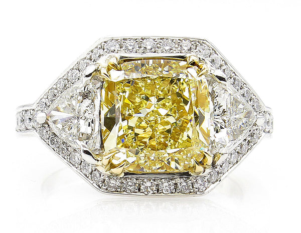 GIA 5.10ct Estate Vintage Fancy Yellow Cushion Diamond 3 Stone Engagement ring in Platinum/18k YG