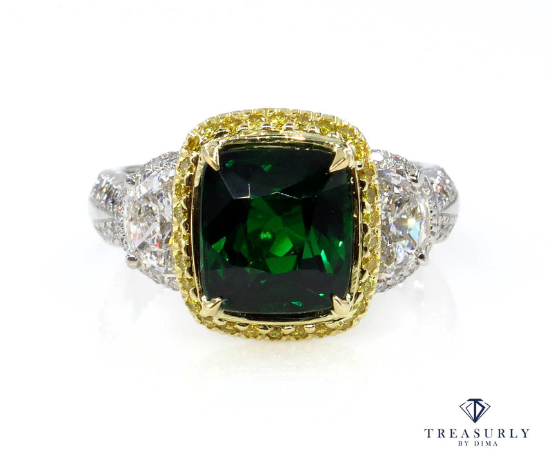GIA 5.25ctw Natural TSAVORITE Cushion 3 Stone Fancy Yellow Diamond Halo Ring | Treasurly by Dima - Exquisite Diamonds and Fine Quality Antique, Vintage, and Estate Jewelry