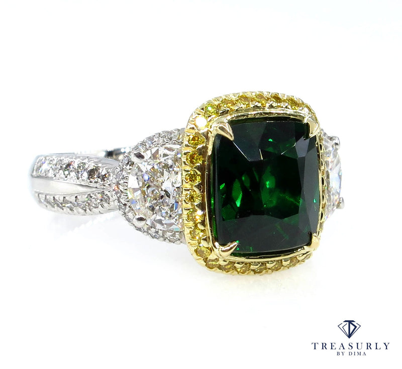 GIA 5.25ctw Natural TSAVORITE Cushion 3 Stone Fancy Yellow Diamond Halo Ring | Treasurly by Dima - Exquisite Diamonds and Fine Quality Antique, Vintage, and Estate Jewelry