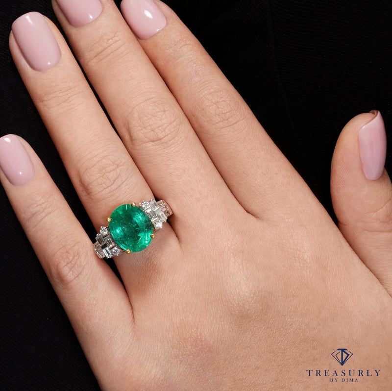 GIA 6.30ct Estate Green Oval Emerald Diamond Engagement 18k Gold Ring | Treasurly by Dima - Exquisite Diamonds and Fine Quality Antique, Vintage, and Estate Jewelry