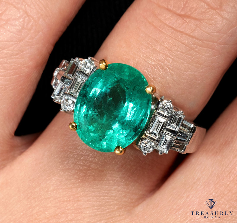 GIA 6.30ct Estate Green Oval Emerald Diamond Engagement 18k Gold Ring | Treasurly by Dima - Exquisite Diamonds and Fine Quality Antique, Vintage, and Estate Jewelry