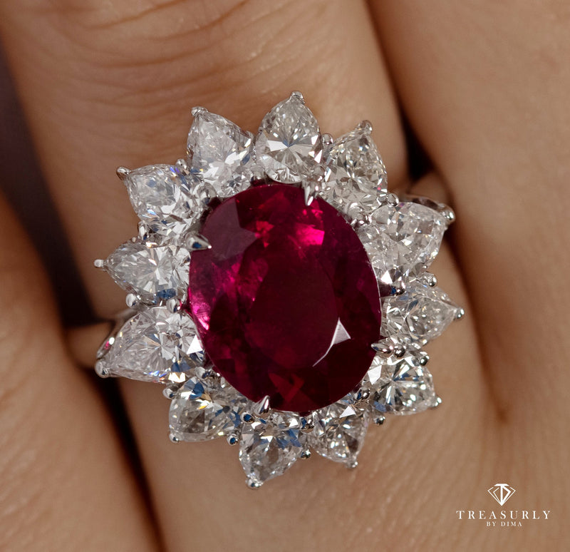 GIA 7.18ct Natural RUBELLITE Tourmaline Diamond Cluster Platinum Vintage Ring | Treasurly by Dima - Exquisite Diamonds and Fine Quality Antique, Vintage, and Estate Jewelry