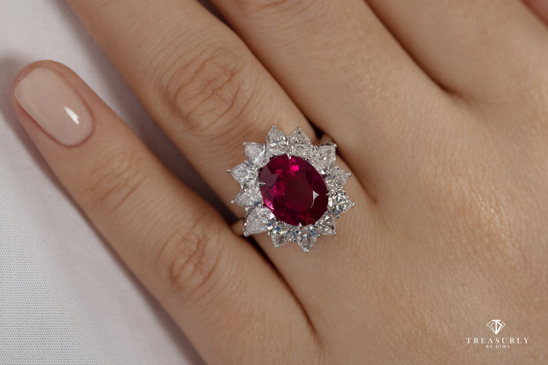 GIA 7.18ct Natural RUBELLITE Tourmaline Diamond Cluster Platinum Vintage Ring | Treasurly by Dima - Exquisite Diamonds and Fine Quality Antique, Vintage, and Estate Jewelry