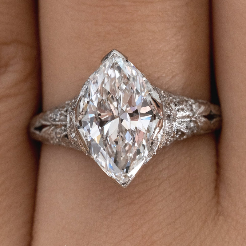 GIA Colorless 2.40ct Antique Marquise Diamond Edwardian Engagement Platinum Ring | Treasurly by Dima - Exquisite Diamonds and Fine Quality Antique, Vintage, and Estate Jewelry