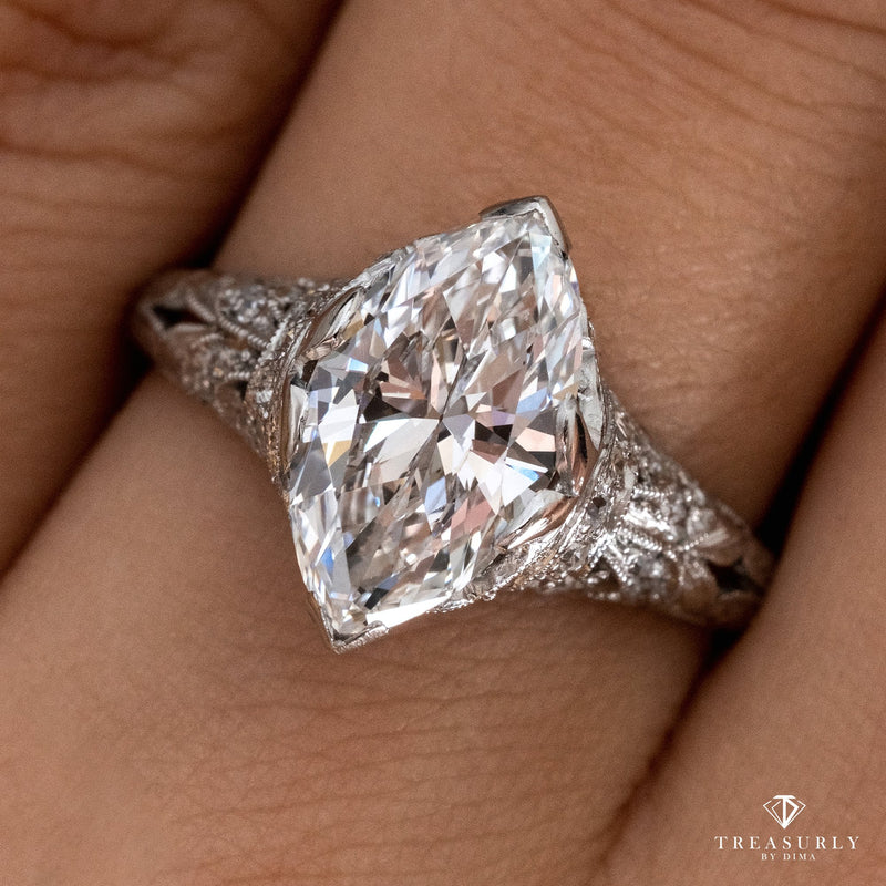 GIA Colorless 2.40ct Antique Marquise Diamond Edwardian Engagement Platinum Ring | Treasurly by Dima - Exquisite Diamonds and Fine Quality Antique, Vintage, and Estate Jewelry
