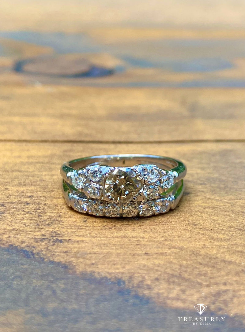 Rings - Mid-Century Vintage 0.89ctw Natural Fancy Brown ROUND Diamond Bridal Set Ring