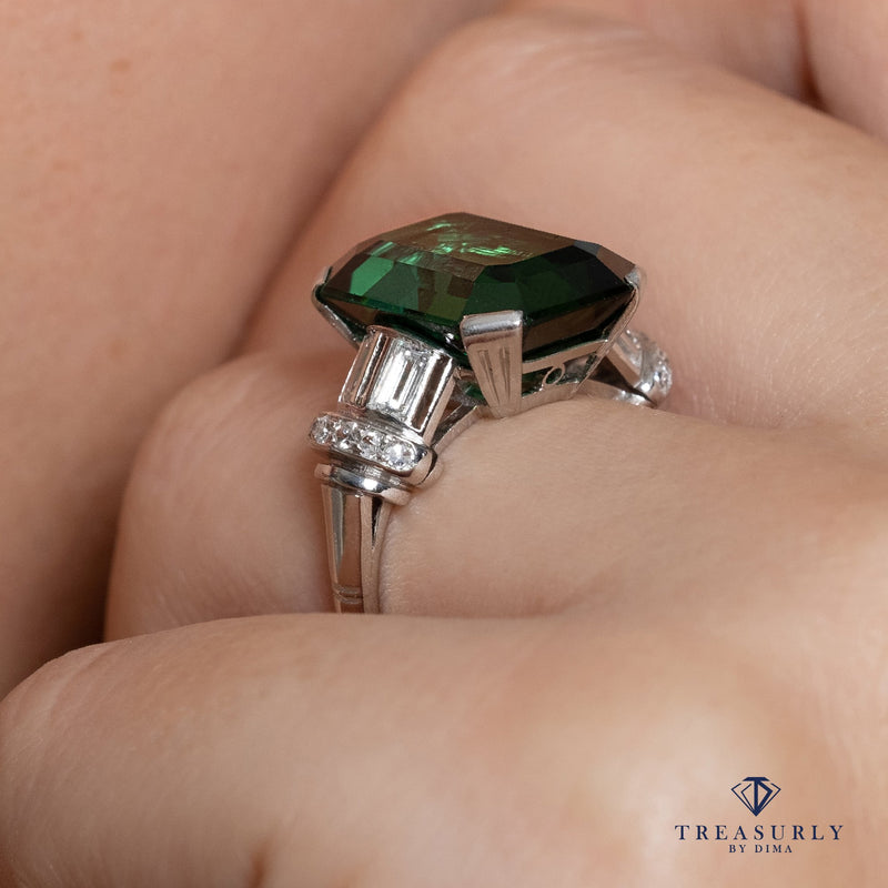 Original Art Deco GIA 9.40ctw Green-Blue Tourmaline Diamond Platinum Vintage Ring | Treasurly by Dima - Exquisite Diamonds and Fine Quality Antique, Vintage, and Estate Jewelry