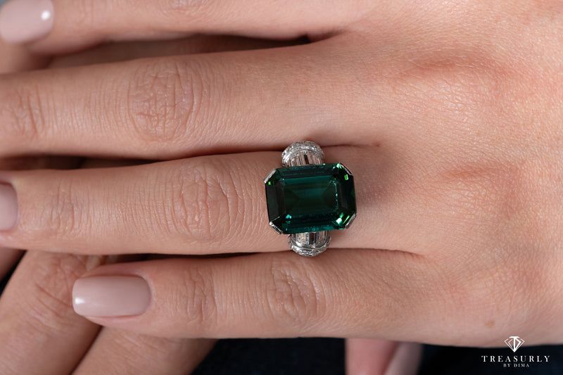 Original Art Deco GIA 9.40ctw Green-Blue Tourmaline Diamond Platinum Vintage Ring | Treasurly by Dima - Exquisite Diamonds and Fine Quality Antique, Vintage, and Estate Jewelry