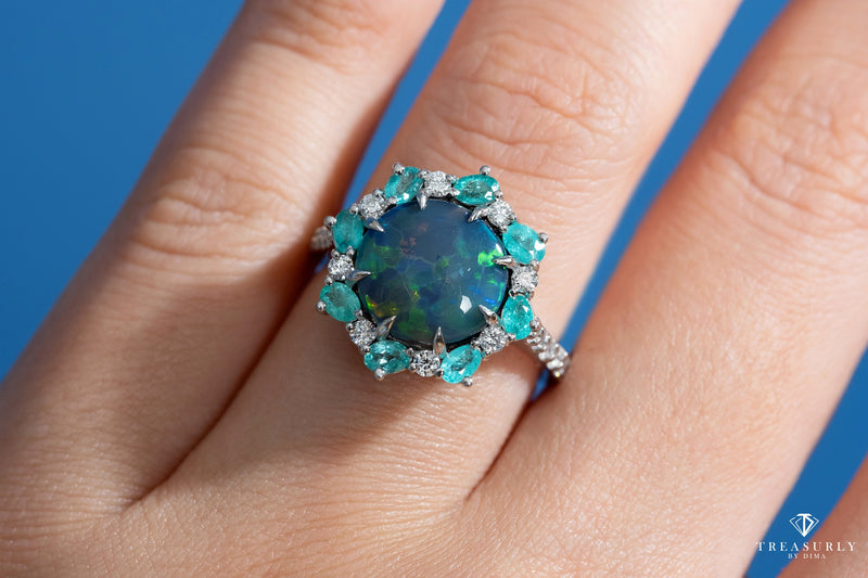 Rare 3.68ctct Australian Black OPAL PARAIBA Tourmaline DIAMOND Cluster Platinum Ring | Treasurly by Dima - Exquisite Diamonds and Fine Quality Antique, Vintage, and Estate Jewelry