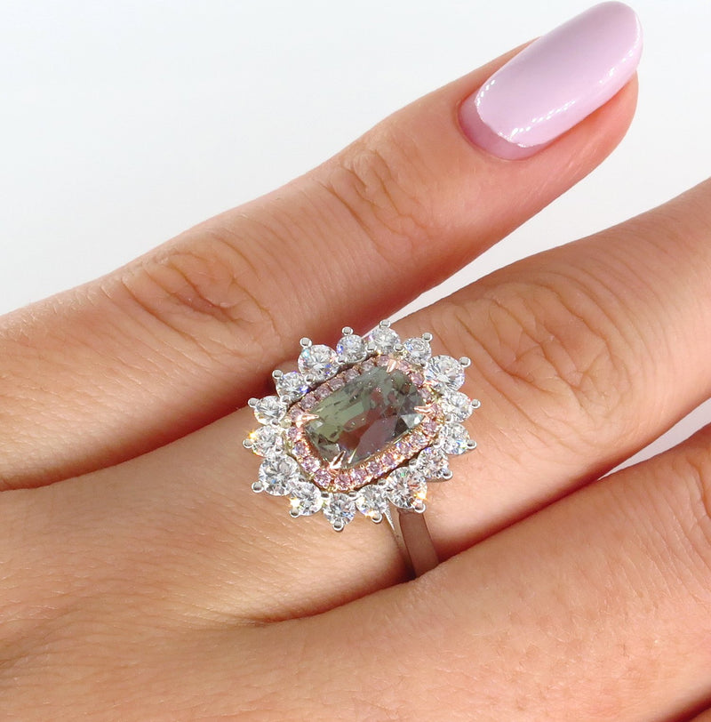 Rare Gem AGL 3.01ctw Natural Alexandrite Fancy Pink Diamond Cluster Platinum Ring | Treasurly by Dima - Exquisite Diamonds and Fine Quality Antique, Vintage, and Estate Jewelry