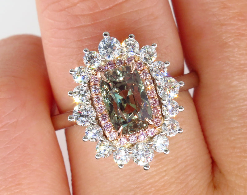 Rare Gem AGL 3.01ctw Natural Alexandrite Fancy Pink Diamond Cluster Platinum Ring | Treasurly by Dima - Exquisite Diamonds and Fine Quality Antique, Vintage, and Estate Jewelry