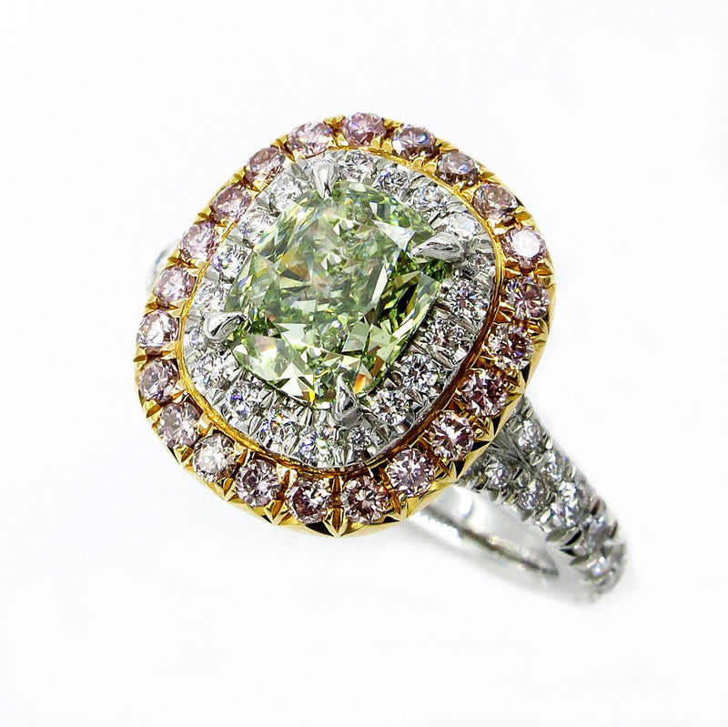 Rare GIA 2.55ctw Fancy INTENSE GREEN Cushion Cut Diamond Engagement Platinum Ring | Treasurly by Dima - Exquisite Diamonds and Fine Quality Antique, Vintage, and Estate Jewelry
