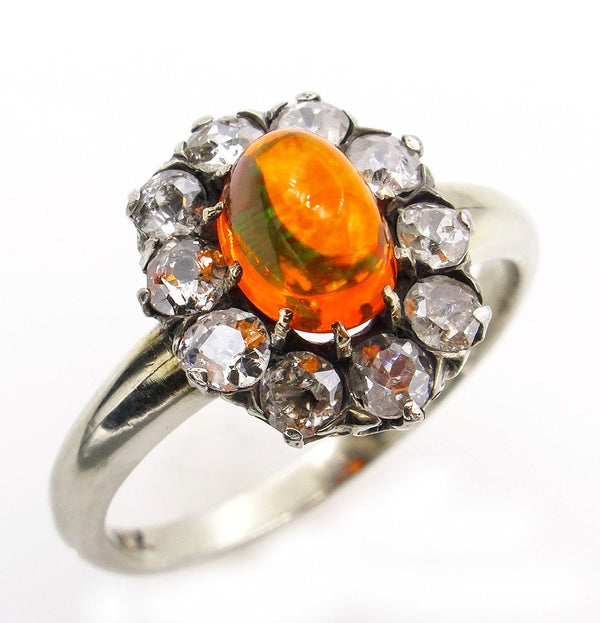 Victorian 2.45ct Antique Vintage FIRE OPAL and Old European DIAMOND Cocktail Cluster Ring | Treasurly by Dima - Exquisite Diamonds and Fine Quality Antique, Vintage, and Estate Jewelry