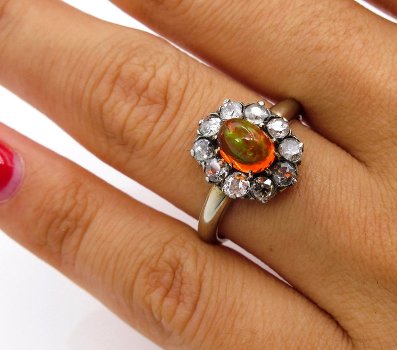 Victorian 2.45ct Antique Vintage FIRE OPAL and Old European DIAMOND Cocktail Cluster Ring | Treasurly by Dima - Exquisite Diamonds and Fine Quality Antique, Vintage, and Estate Jewelry