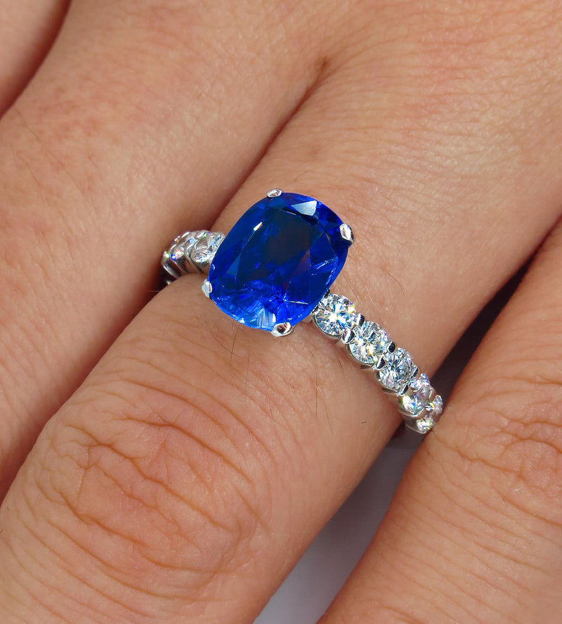 Vintage Estate GIA 2.82ct Synthetic SAPPHIRE Diamonds Engagement Wedding 18k Ring | Treasurly by Dima - Exquisite Diamonds and Fine Quality Antique, Vintage, and Estate Jewelry