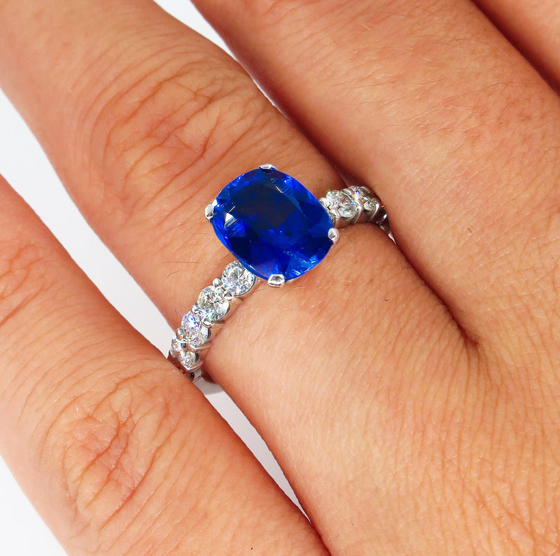 Vintage Estate GIA 2.82ct Synthetic SAPPHIRE Diamonds Engagement Wedding 18k Ring | Treasurly by Dima - Exquisite Diamonds and Fine Quality Antique, Vintage, and Estate Jewelry