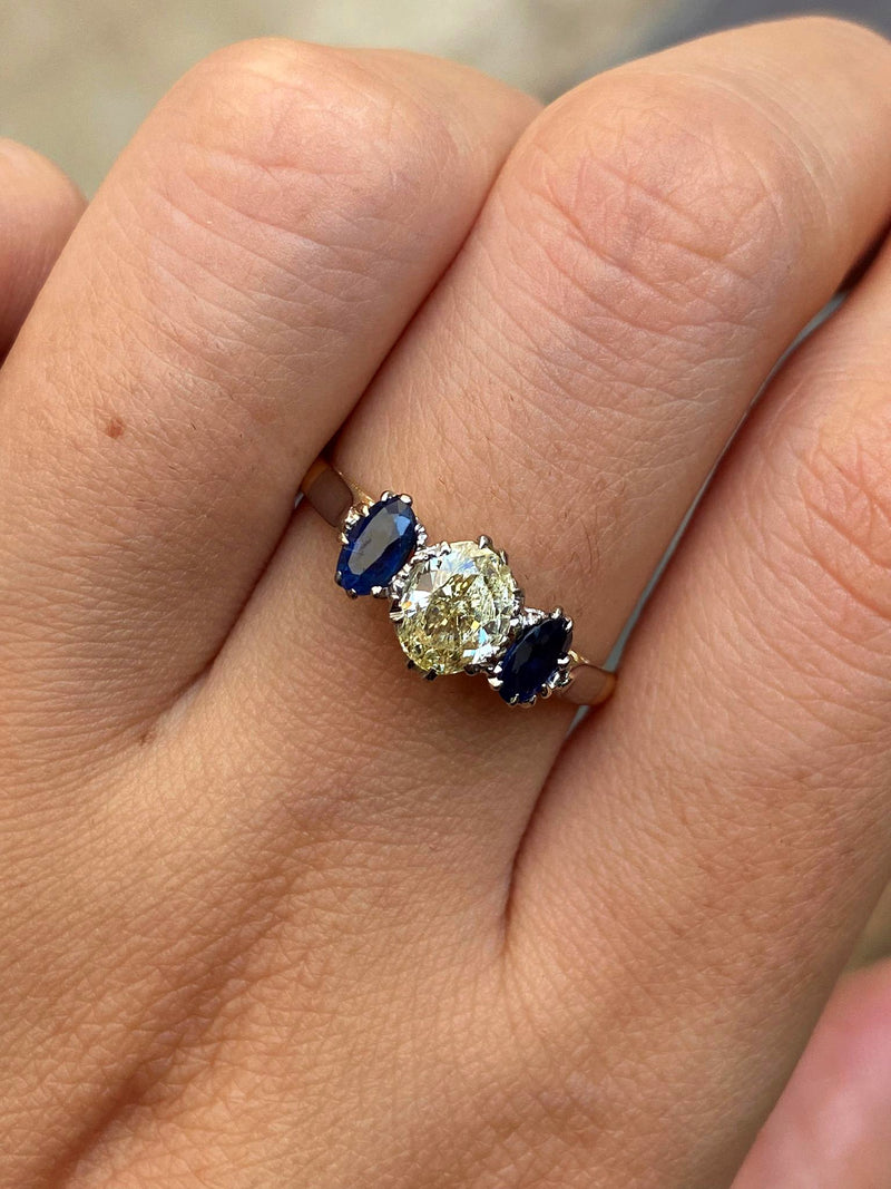 Rings - Vintage GIA "Canary" 1.54ct Yellow OVAL Diamond Sapphire 3 Stone Plat 18k Engagement Ring